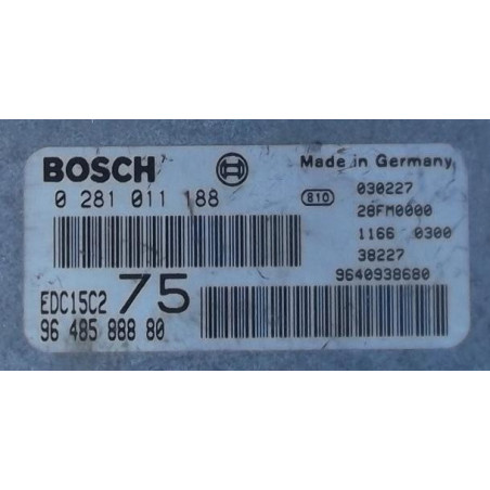 CALCULATEUR MOTEUR PEUGEOT 206 2.0 HDI 90CV BOSCH 0281011188, 0 281 011 188, 9648588880, 96 485 888 80, 9640938680, 96 409 386 8