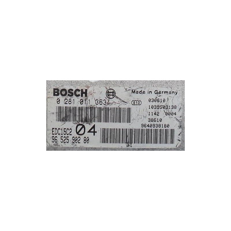 CALCULATEUR MOTEUR PEUGEOT 807 2.2 HDI 136cv BOSCH 0 281 011 363, 0281011363, 9652590280 9640938180 EDC15C2 04 1039S03138 CALCULATEUR MOTEUR PEUGEOT 807 2.2 HDI 136cv BOSCH 0 281 011 363, 0281011363, 9652590280 9640938180 EDC15C2 04 1039S03138