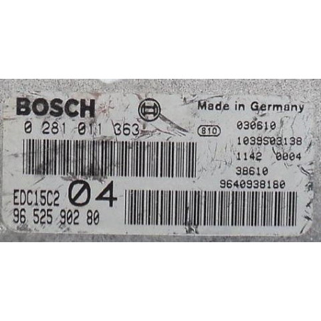 CALCULATEUR MOTEUR PEUGEOT 807 2.2 HDI 136cv BOSCH 0 281 011 363, 0281011363, 9652590280 9640938180 EDC15C2 04 1039S03138
