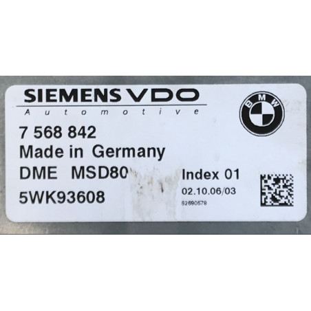 Calculateur Moteur BMW 7 568 842, 7568842 Siemens 5WK93608 DME MSD80 Moteur N54